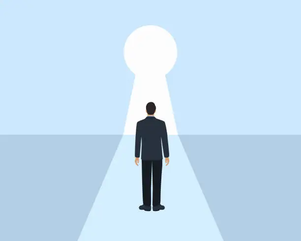 Vector illustration of Businessman Standing In Front Of Keyhole. Choice And Opportunity Concept