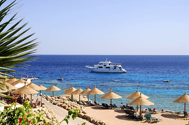 Beach at Red Sea,Naama Bay,Sharm El Sheikh,Egypt. stock photo