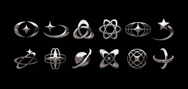 Y2K chrome retro-futuristic vector elements set with 3D imitation stars, planets, abstract shapes for futuristic, sci-fi, and digital designs Y2K chrome retro-futuristic vector elements set: 3D imitation stars, planets, abstract shapes. Ideal for futuristic, sci-fi, and digital designs iron element symbol stock illustrations
