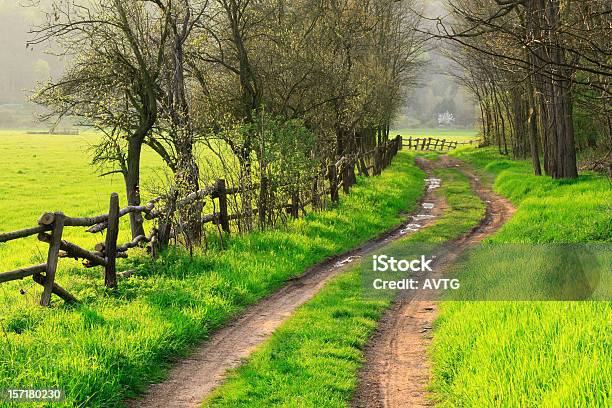 Photo libre de droit de Farm Road Au Printemps banque d'images et plus d'images libres de droit de Clôture - Clôture, Route à une voie, Voie piétonne