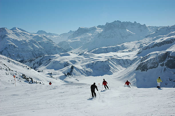 Skiing in the austrian alps stock photo