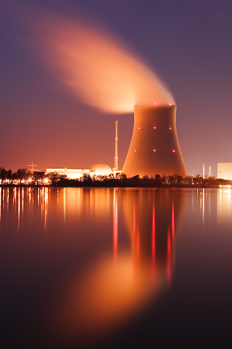 Long shutter time shot of a nuclear power plant at night. Image created using dri techniques.