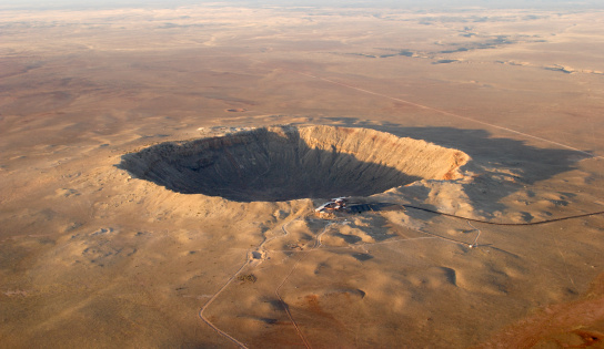 Aerial view of the giant crater that formed after the meteorite impact
