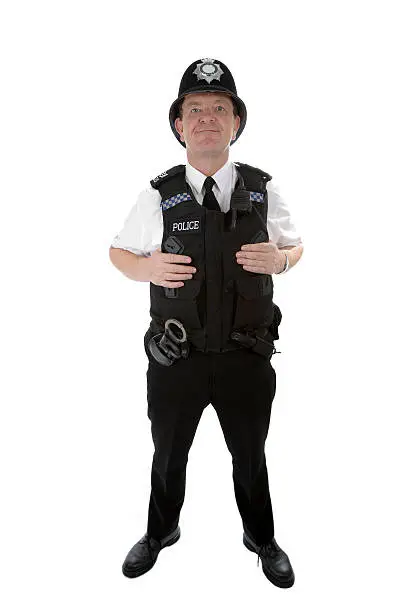 Photo of UK policeman: full length portrait of a British police officer