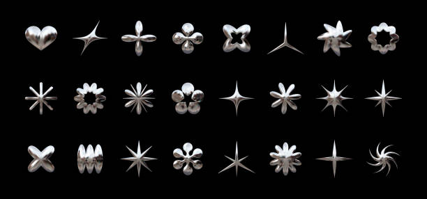 Y2K chrome elements for design including stars, flowers, and geometric shapes with shiny metallic effect Y2K chrome elements for design - stars, flowers, and other simple geometric shapes. Trendy collection of vector abstract figures with a shiny metallic effect chrome stock illustrations