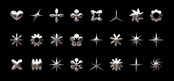 Y2K chrome elements for design including stars, flowers, and geometric shapes with shiny metallic effect Y2K chrome elements for design - stars, flowers, and other simple geometric shapes. Trendy collection of vector abstract figures with a shiny metallic effect futurism stock illustrations