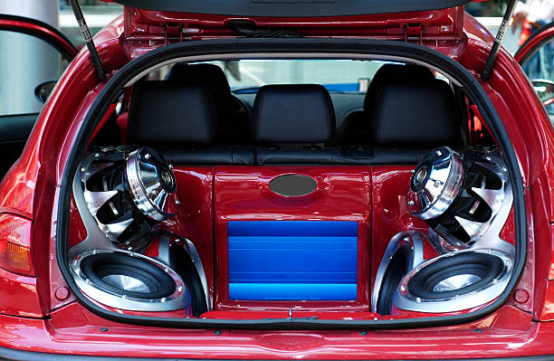 Big ones Hi-fi music big loudspeakers installed in a car's trunk. hi fi stock pictures, royalty-free photos & images