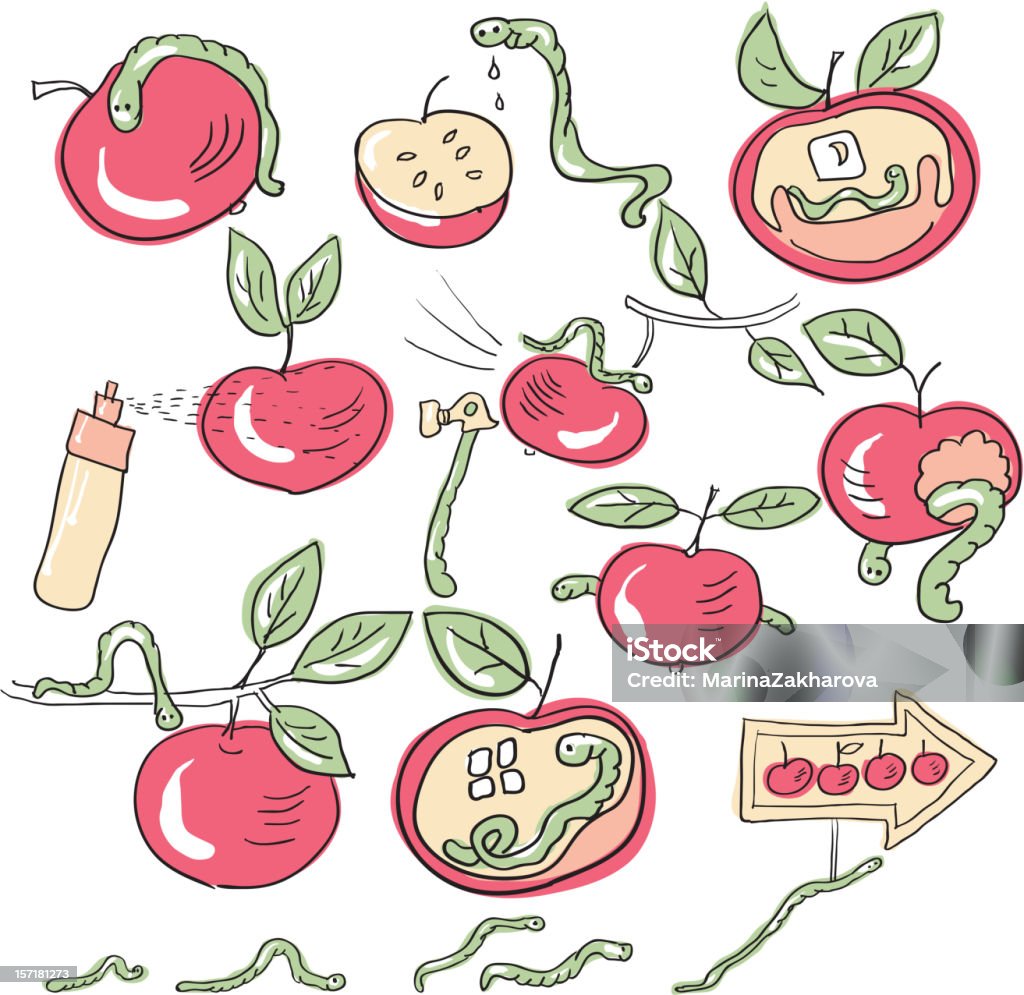 worms et pommes - clipart vectoriel de Cartoon libre de droits