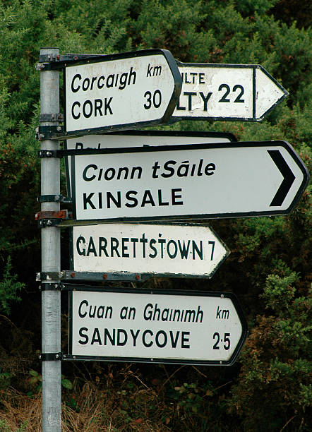 Irish road and directional sign listing several Irish towns stock photo