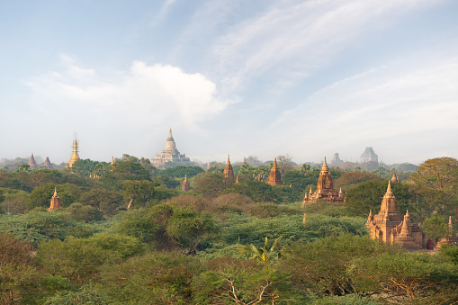 Stunning view of the beautiful Bagan ancient city (formerly Pagan). The Bagan Archaeological Zone is a main attraction in Myanmar and over 2,200 temples and pagodas still survive today.