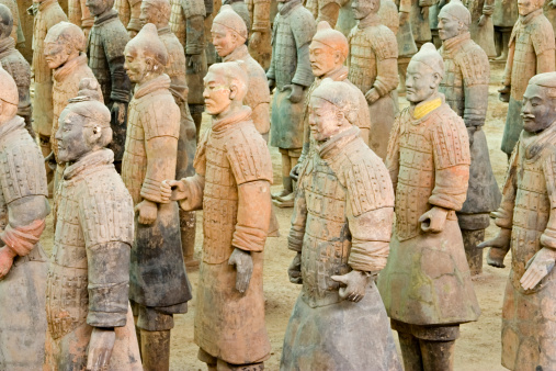 The iconic warrior figures of the Terracotta Army, funerary statues of Qin Shi Huang the First Emperor of China, dating from 200BC and discovered outside Xi'an, Shaanxi Province, China. ProPhoto RGB profile for maximum color fidelity and gamut.