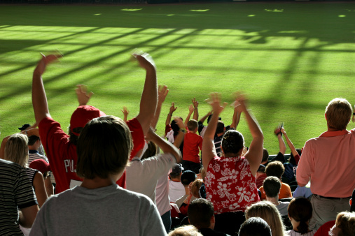 Multi-ethnic fans standing and cheering at a baseball or soccer stadium.  Green field below. 
