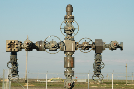 A newly installed wellhead in the oil and gas industry.