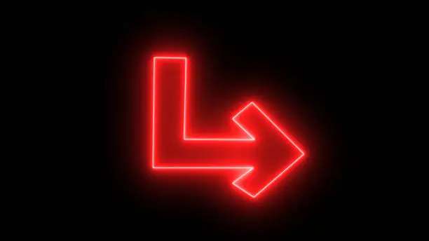 Vector illustration of a red neon arrow turning right. Road sign icon light glow red, bright symbol with a dark background icon in chat neon. A bright red glowing symbol with a dark background;