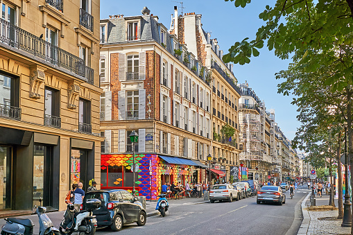 Paris, France - July 10, 2023: pedestrians in the queer scene district of le Marais.