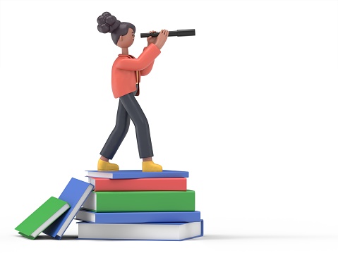 3D illustration of african woman Coco with binoculars standing on book pile. Future and vision concept.3D rendering on white background.