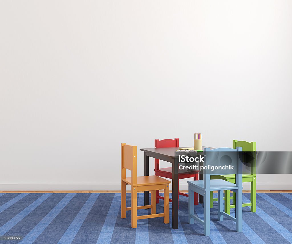 Interior of playroom. Colorful playroom interior with small table and four bright chairs. 3d render. Apartment Stock Photo