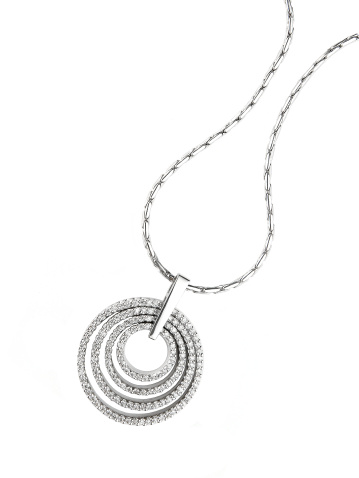 Multi circle diamond pendant on white gold necklace. 