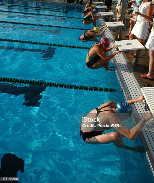 Mujeres Jóvenes Nadadores En Posición De Inicio Foto de stock y más banco de imágenes de Equipo de natación - Equipo de natación, Natación, Deporte