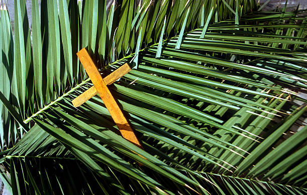 Wooden Cross on palm leafs Palm Sunday stock photo