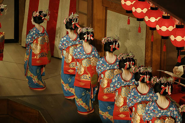 Geisha and maiko performance at Miyako Odori Maiko debut at Miyako Odori, Kyoto Gion's public show. geisha costume stock pictures, royalty-free photos & images