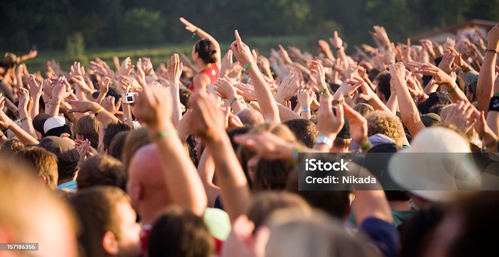 music festival fans and hands in a rock concert Public Viewing Area Stock Photo