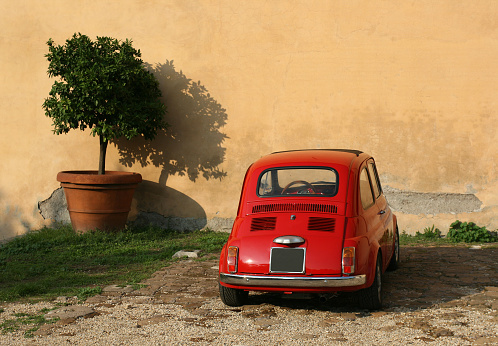 Old red mini under a tree in Rome Italy