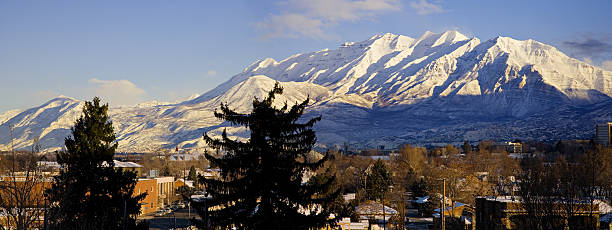 From Provo, Utah Looking North to Mount Timpanogos. A pano view of Mount Timpanogos, shot from Provo, Utah. provo stock pictures, royalty-free photos & images