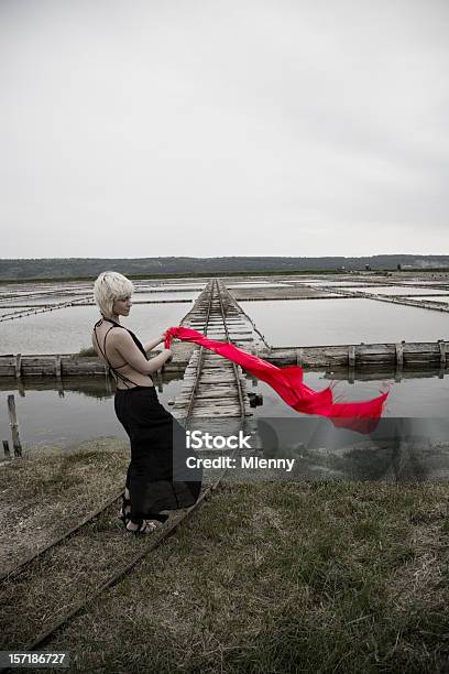 Красный Шарф In The Wind — стоковые фотографии и другие картинки Вертикальный - Вертикальный, Вечернее платье, Взрослый