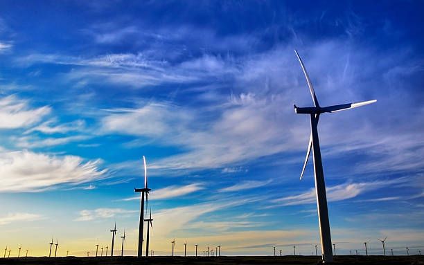 Wind turbines alone against sunset, silhouette stock photo
