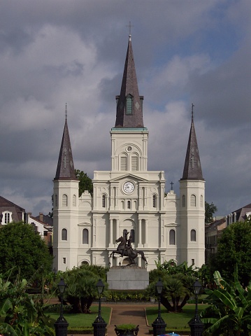St. Louis Cathedral behind Jackson Square in the French Quarter of New Orleans. 