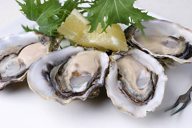 primo piano della pacfic ostriche - pacific oyster foto e immagini stock