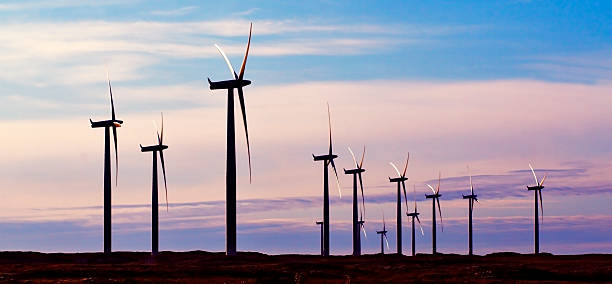 Wind turbines against sunset stock photo