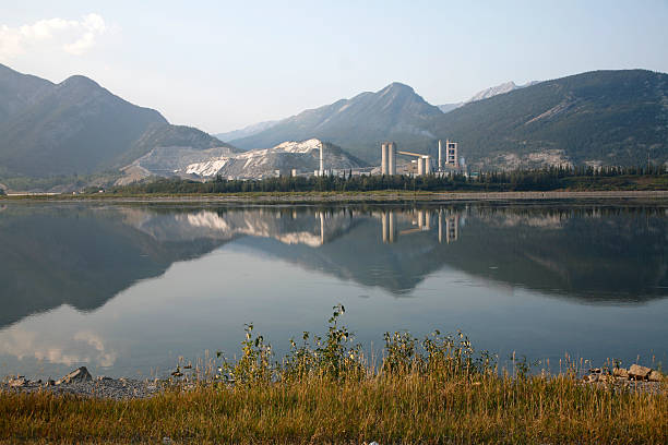 Beautiful Landscape of Industrial Cement Plant from Across the Lake  cement work stock pictures, royalty-free photos & images