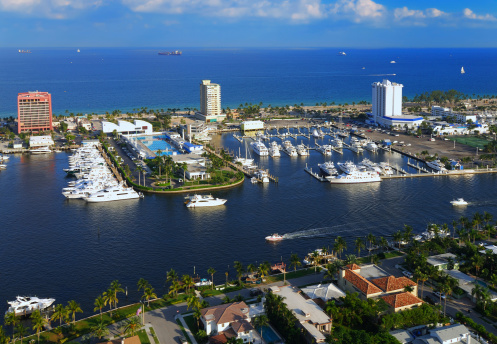 Miami, FL, USA - June 13, 2022: Vertical aerial photo Port of Miami bridge