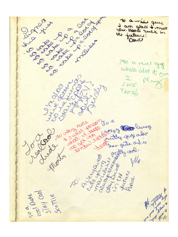Will you sign my Year Book?  Yearbook from mid 80's very grungy with stains.  Details show fiber of paper.  Great for design work.
