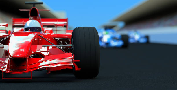 Racing Cars open-wheel single-seater racing car racing cars. Focus is on the front of the red car. Room for text on the right. 3D rendering with HDRI lighting and raytraced textures. racecar stock pictures, royalty-free photos & images