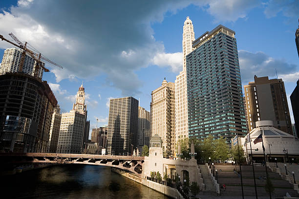 Trump Tower among skyscrapers along the Chicago River in Chicago-Illinois