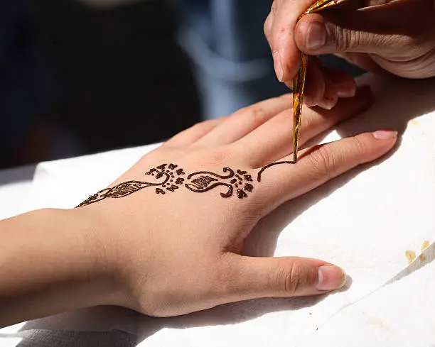 Applying henna to create a temporary and painless tattoo is an ancient tradtion in the Middle East, North Africa, and on the Indian subcontinent. Indian brides often have their hands and feet decorated in this fashion. This is known as henna, Mehndi and Mehendi in various parts of the world.