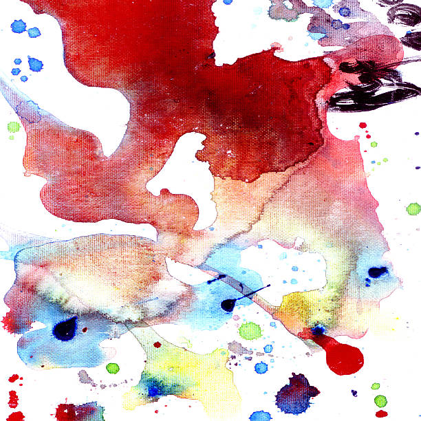 Abtract painting made of splashes and random brushstrokes on a textured canvas.