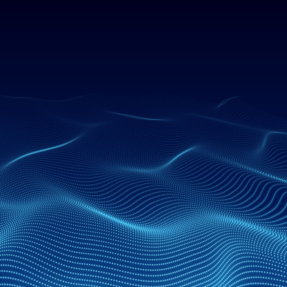 Sea or other waves formed by glowing dots in 3D, diminishing perspective