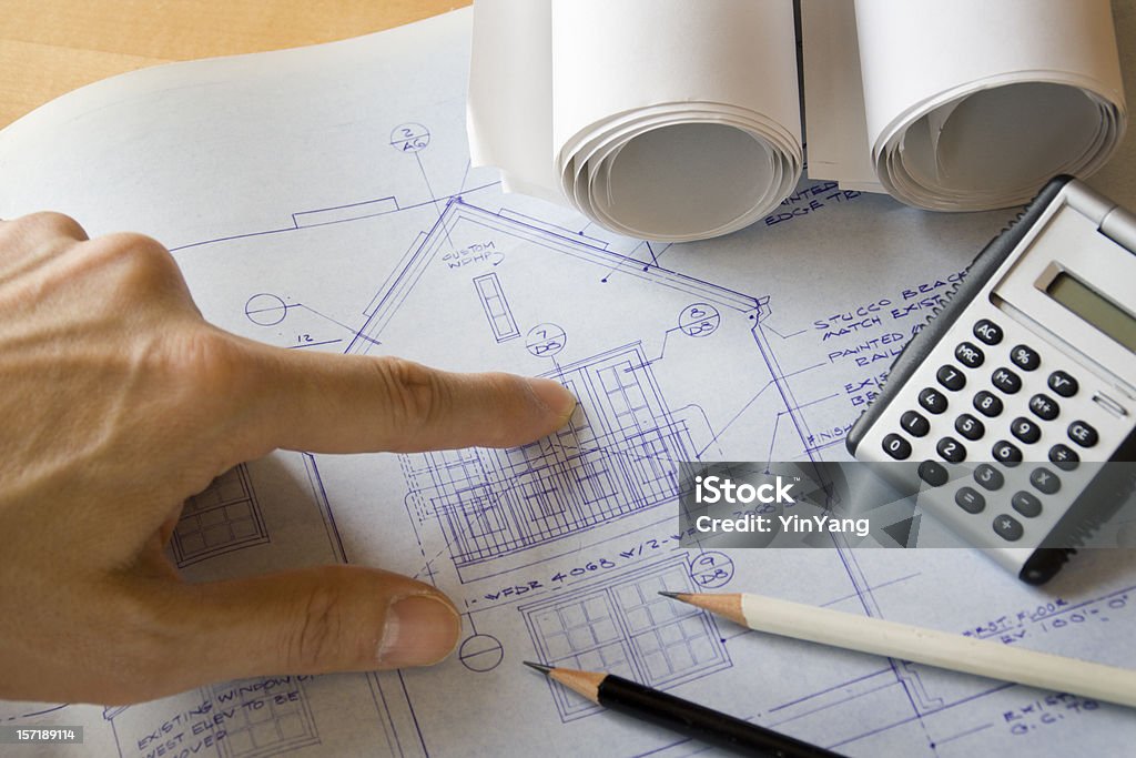 Residencial casa mejora de bienes raíces y construcción Plan Blueprint adición - Foto de stock de Calculadora libre de derechos