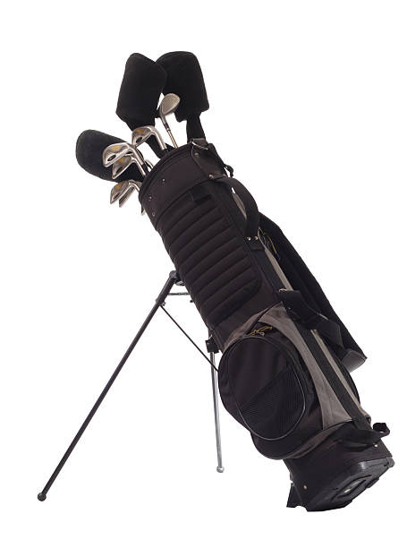 All black golf bag with golf clubs inside stock photo
