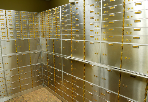 Solomons, Maryland USA Safe deposit boxes in a bank.
