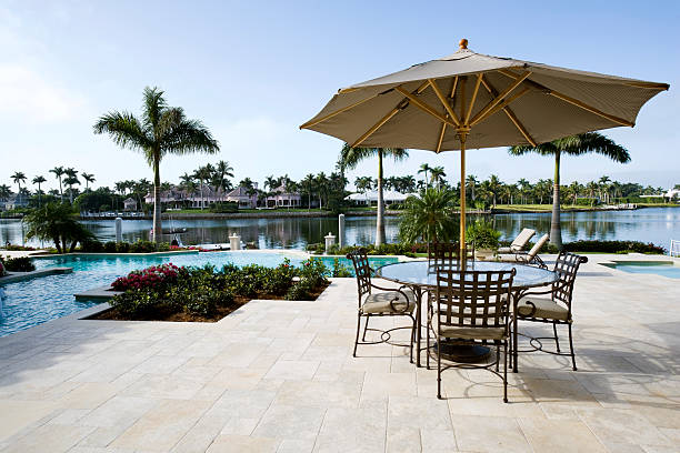 istock Beautiful Swimming Pool and Patio Overlooking Waterway 157189580