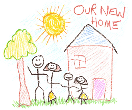 Childs crayon drawing of family and new home. Father, Mother, brother, and sister.