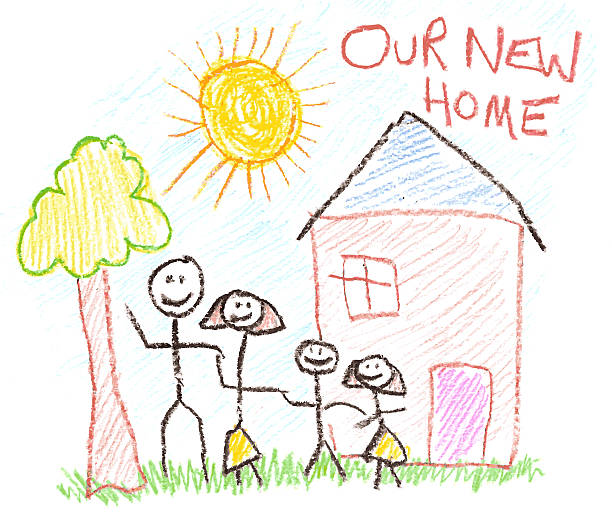 Child's Drawing of Family and New Home in Crayon Childs crayon drawing of family and new home. Father, Mother, brother, and sister. crayon drawing photos stock pictures, royalty-free photos & images
