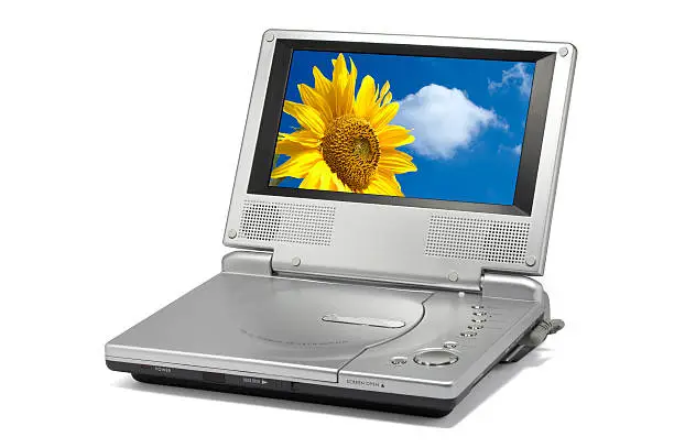 Portable DVD player with wide LCD screen, isolated (clipping+screen paths included). 