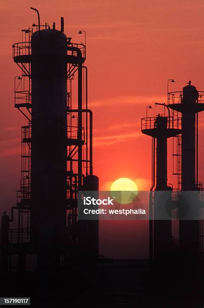 Gas Plant With Sunset Stock Photo - Download Image Now - Gas Refinery, Awe, Black Color