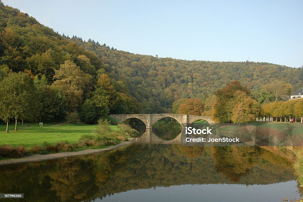 Ponte espelhadas no Rio Semois Valônia Bélgica - Foto de stock de Floresta das Ardenas royalty-free